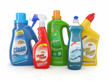 Self-adhesive labels on household chemicals products